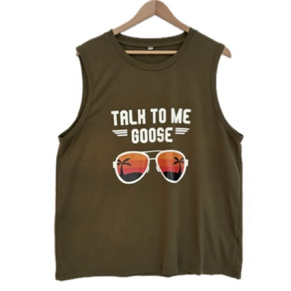 Talk to Me Goose Graphic Muscle Tank Top Women Size 2XL Olive Sunset Sunglasses
